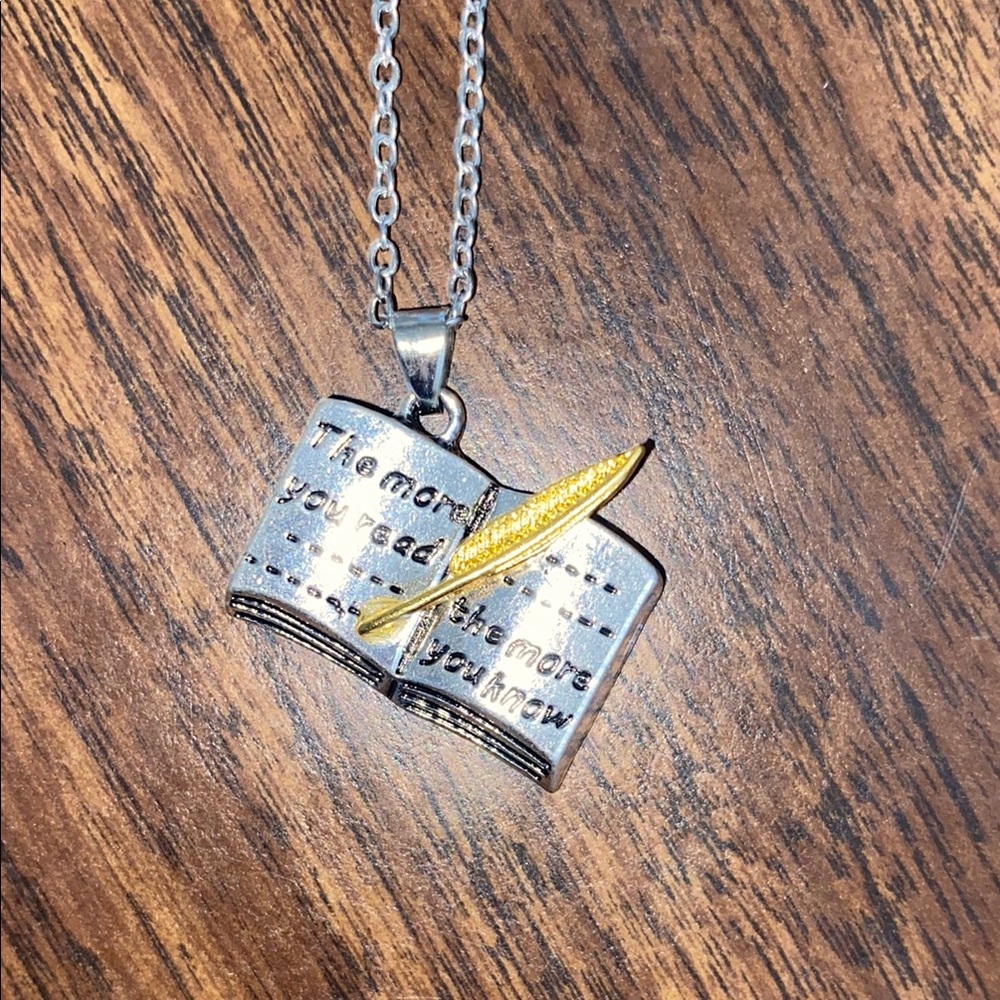 Silver Plated Book Pendant Necklace with Gold Feather